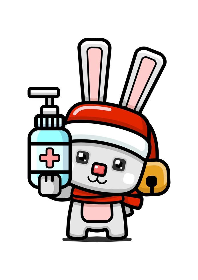 Cube Style Cute Christmas Rabbit Holding Hand Sanitizer vector