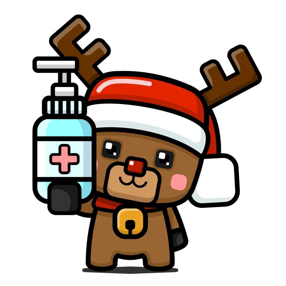 Cube Style Cute Christmas Reindeer Holding Hand Sanitizer vector