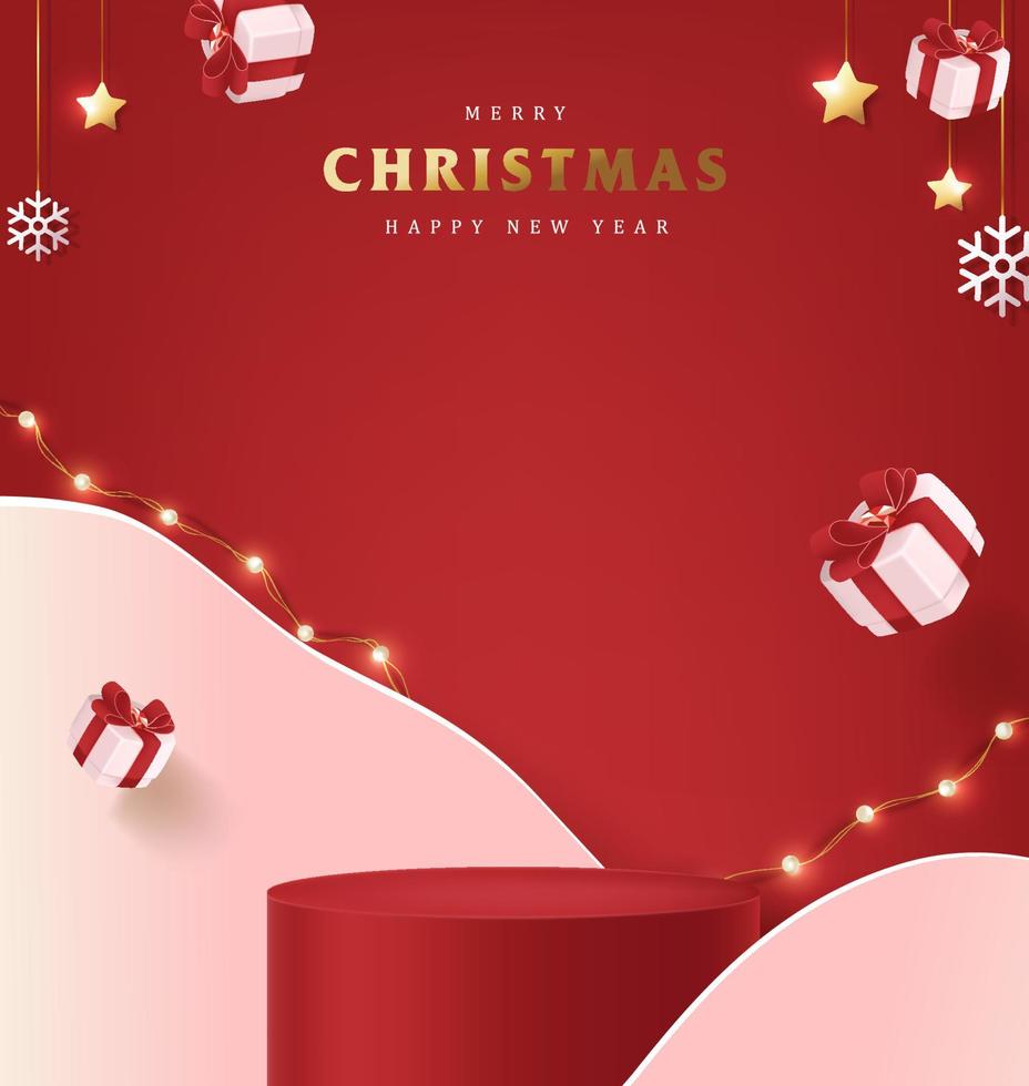 Merry Christmas banner with product display cylindrical shape vector