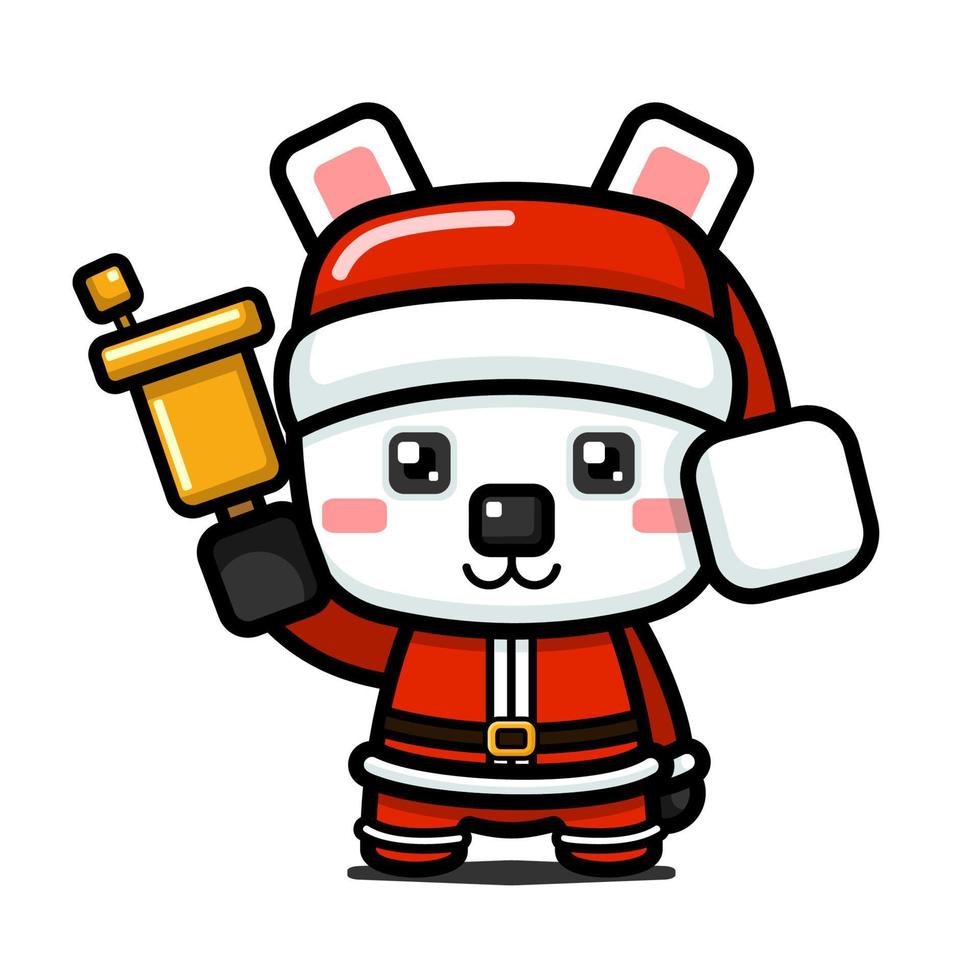 oso polar lindo estilo cubo en traje de santa claus sosteniendo campana vector