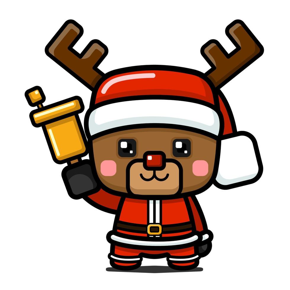 reno lindo estilo cubo en traje de santa claus con campana vector