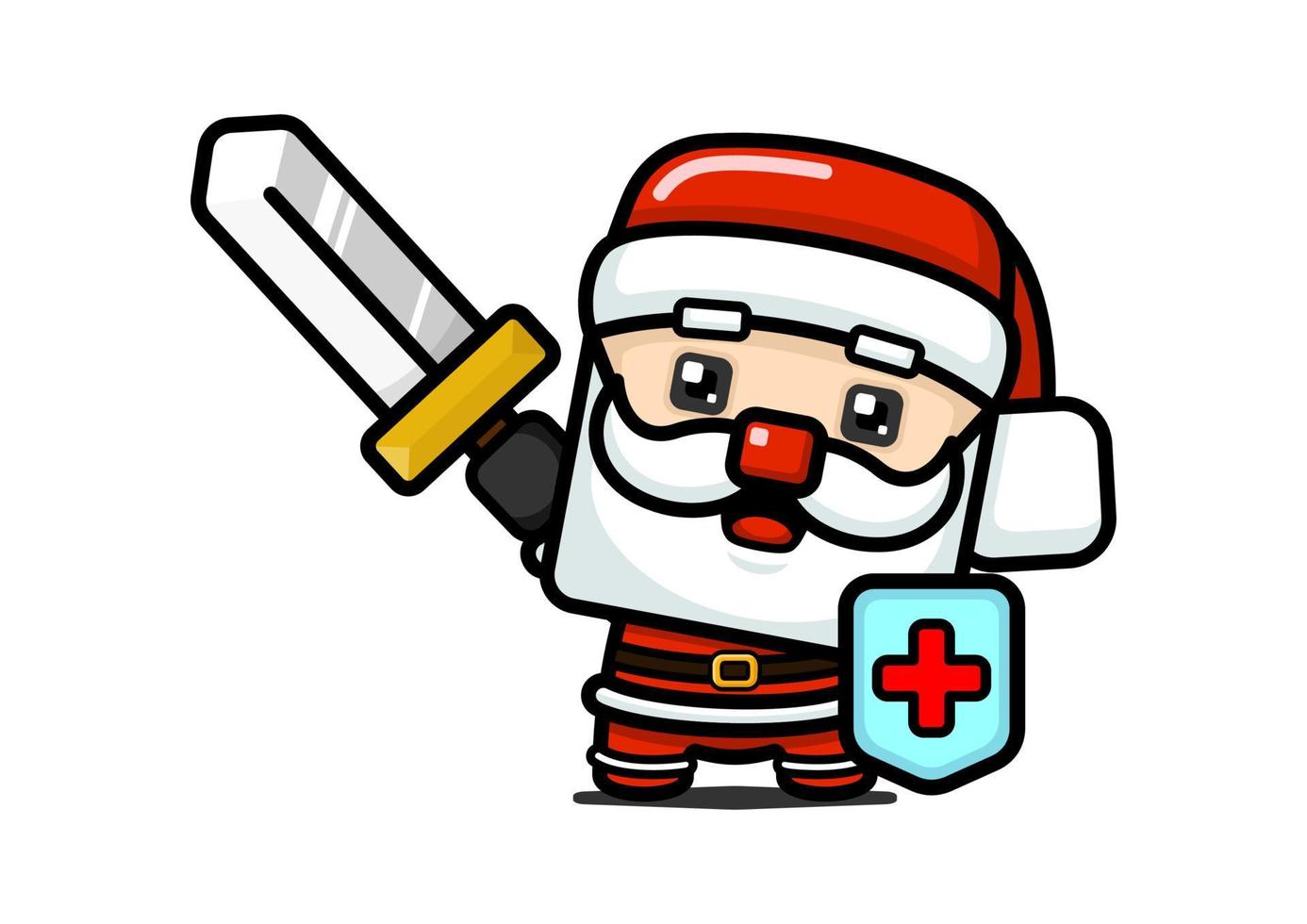 Cube Style Cute Santa Claus Holding Sword And Shield vector