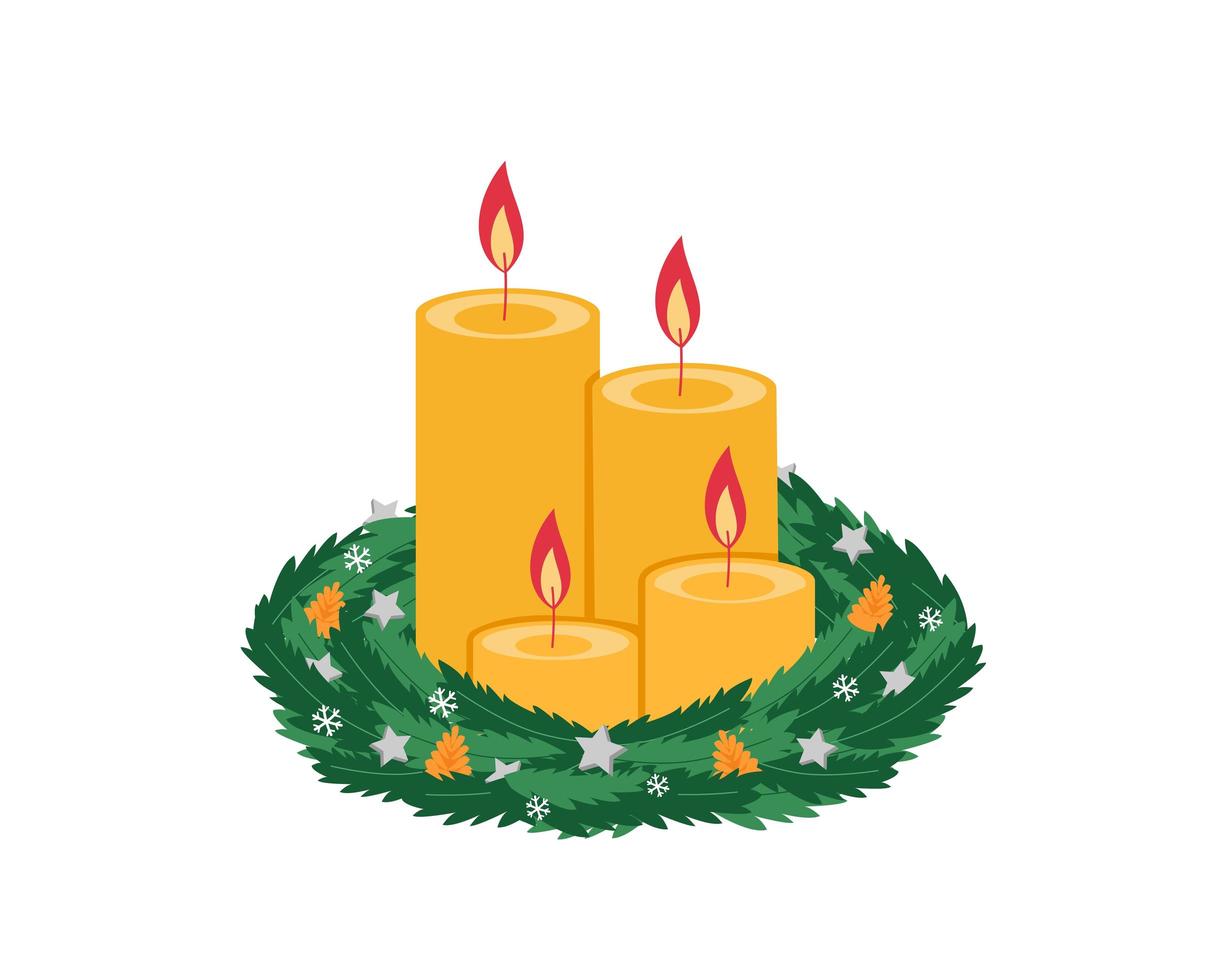 Advent wreath with four burning yellow candles and decor vector