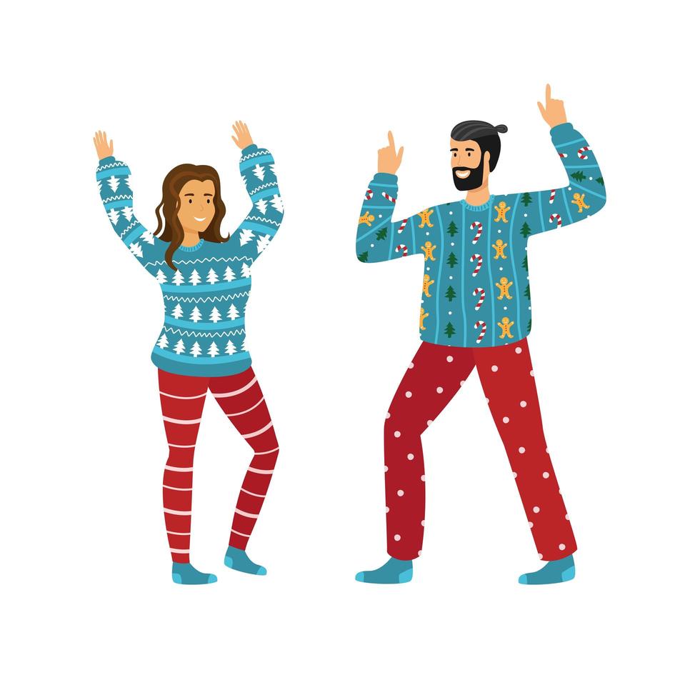 pareja de personas en suéteres de navidad azul feliz bailando vector