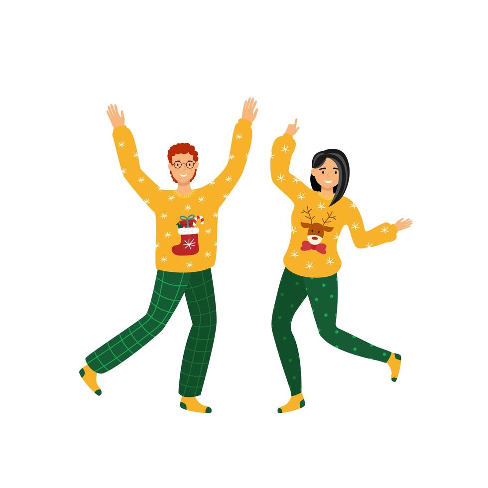 Couple of people in yellow christmas sweaters happy dancing vector