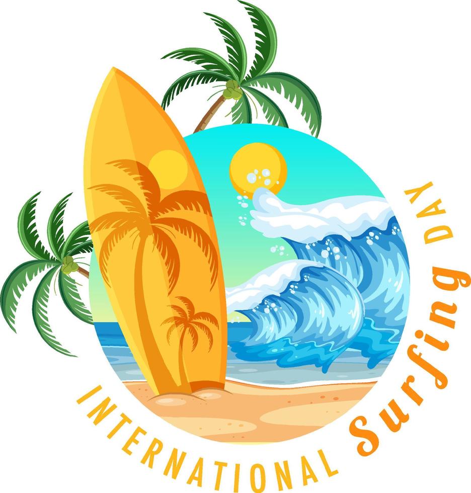 International Surfing Day banner with surfboard on the beach vector