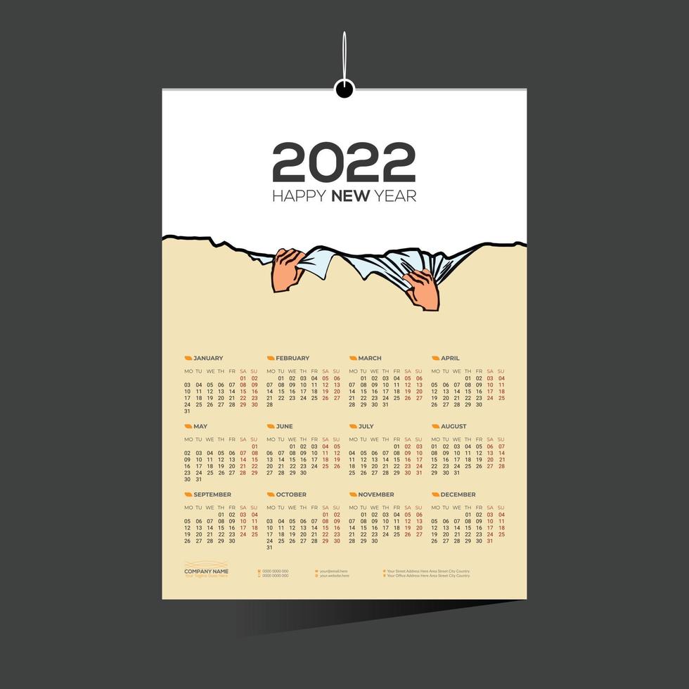 Calendario de pared de color naranja de 12 meses 2022 vector