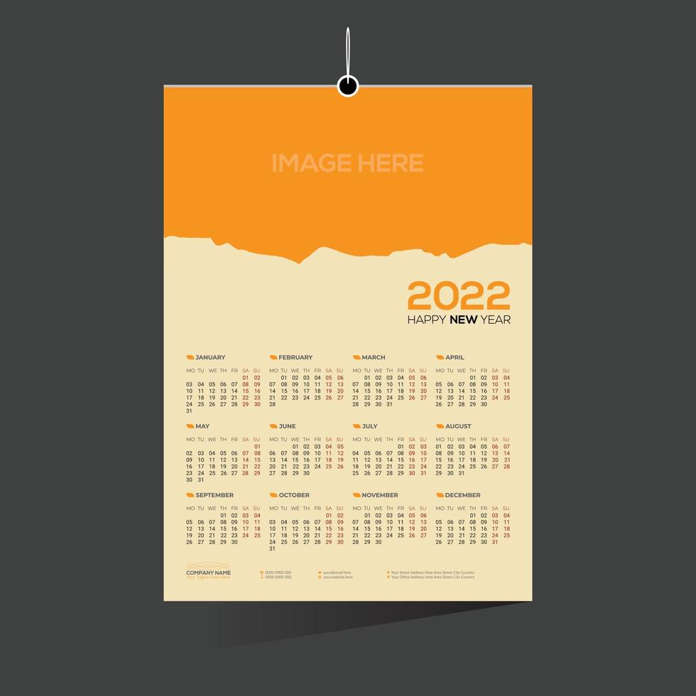 Calendario de pared de color naranja de 12 meses 2022 vector