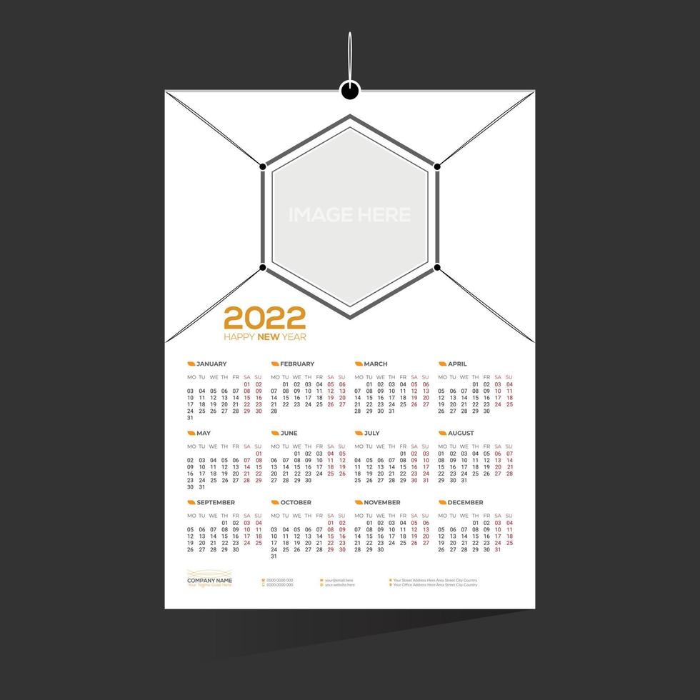 Calendario de pared de color naranja de 12 meses 2022 vector