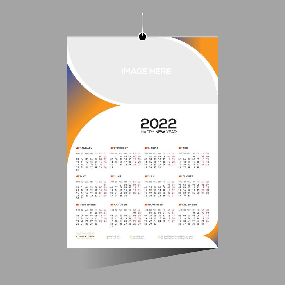 orange colored 12 month 2022 wall calendar vector