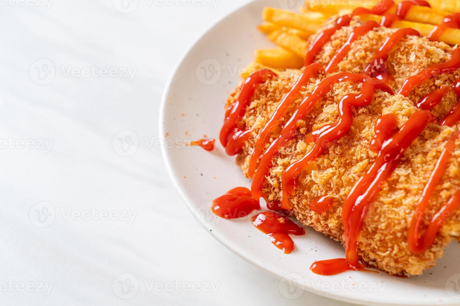 fried chicken breast fillet steak with french fries photo