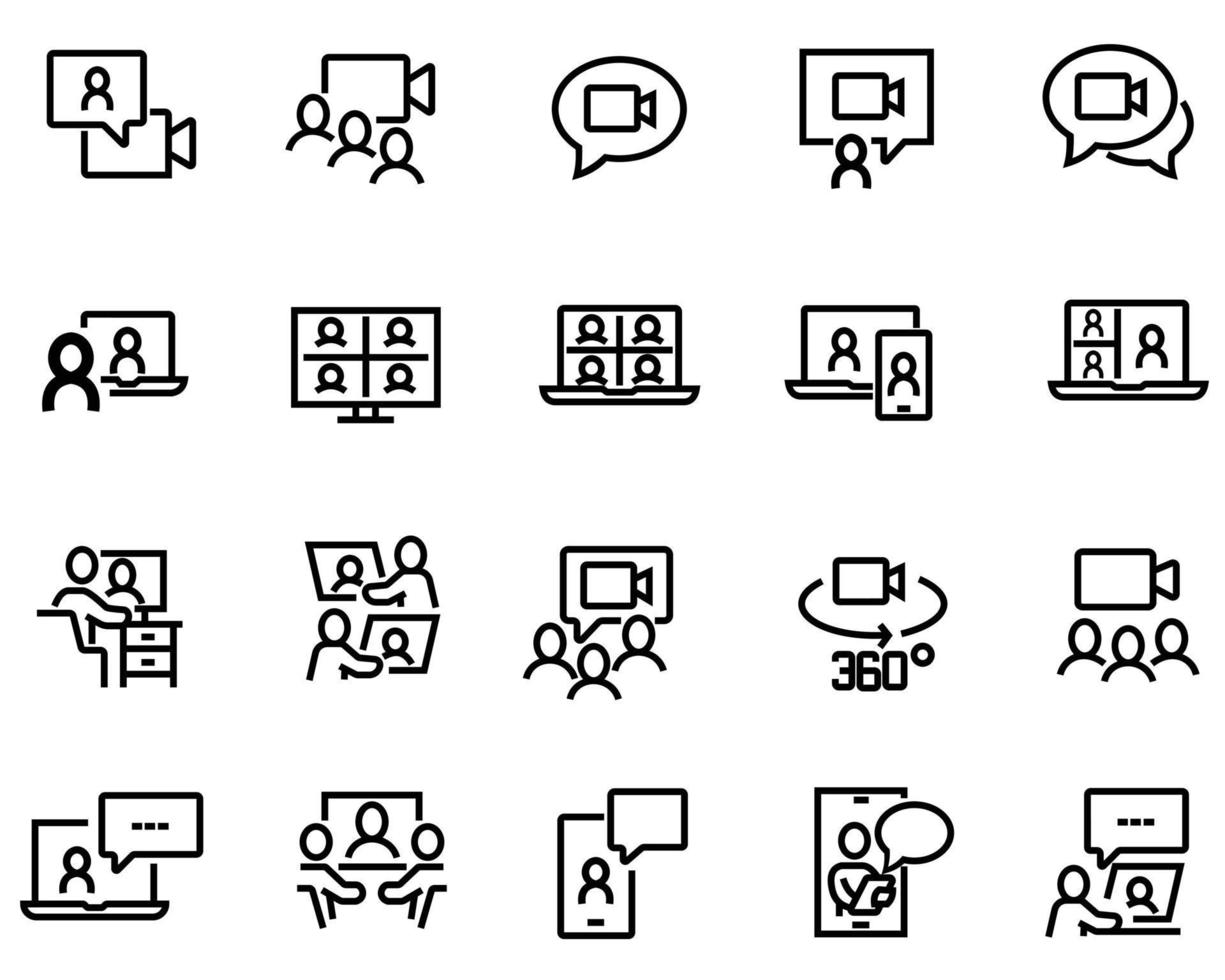 simple conjunto de iconos de línea de vectores relacionados con videoconferencias. contiene íconos como chat grupal, cámara con vista de 360 grados, videollamada y más