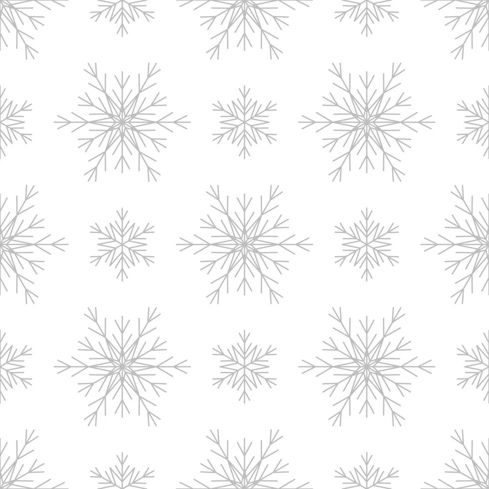patrón transparente con copos de nieve plateados sobre fondo blanco. decoración tradicional de invierno festivo para año nuevo, navidad, vacaciones y diseño. ornamento de línea simple repetir copo de nieve vector