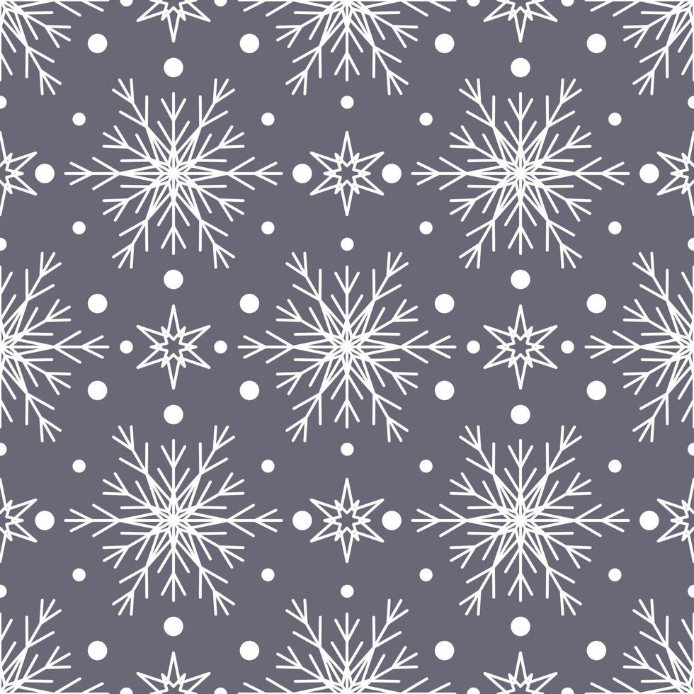 Seamless pattern with white snowflakes on grey background. Festive winter traditional decoration for New Year, Christmas, holidays and design. Ornament of simple line repeat snow flake vector