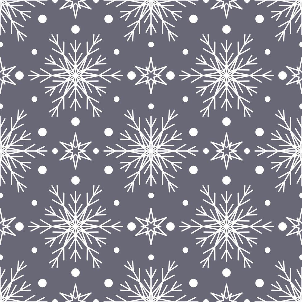 Seamless pattern with white snowflakes on grey background. Festive winter traditional decoration for New Year, Christmas, holidays and design. Ornament of simple line repeat snow flake vector