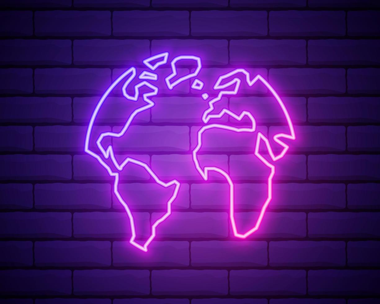 Glowing neon line Earth globe icon isolated on brick wall background. World or Earth sign. Global internet symbol. Geometric shapes. Vector Illustration.