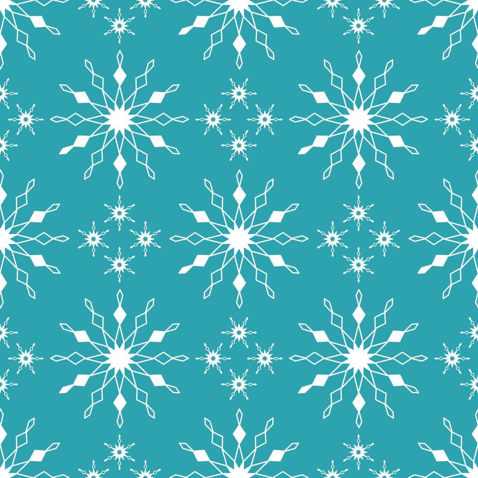 Seamless pattern with white snowflakes on blue background. Festive winter traditional decoration for New Year, Christmas, holidays and design. Ornament of simple line repeat snow flake vector