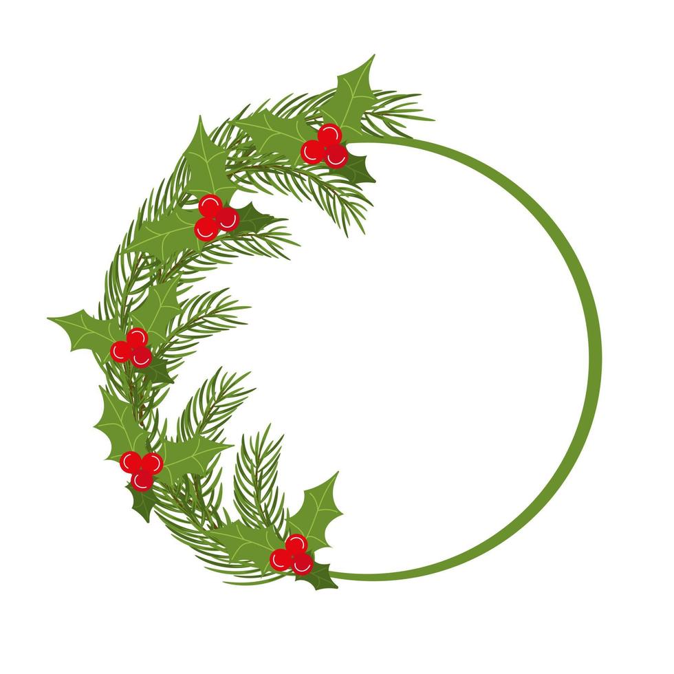 Christmas round frame with spruce branches and mistletoe, isolated on white background. Vector illustration