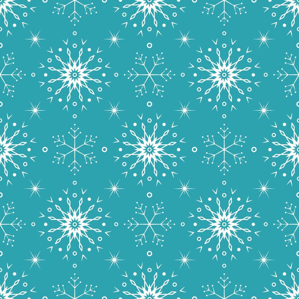 Seamless pattern with white snowflakes on blue background. Festive winter traditional decoration for New Year, Christmas, holidays and design. Ornament of simple line repeat snow flake vector