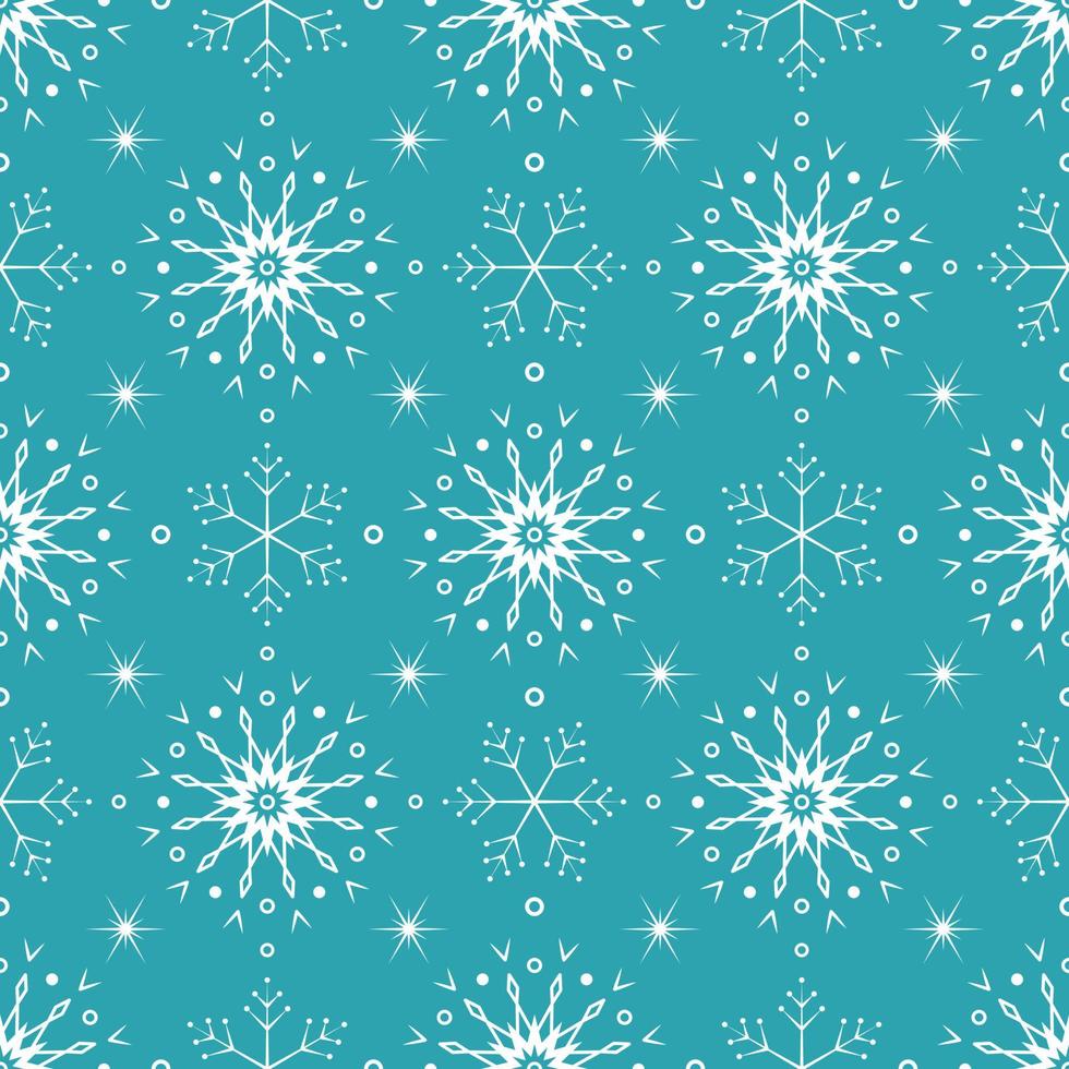 Seamless pattern with white snowflakes on blue background. Festive winter traditional decoration for New Year, Christmas, holidays and design. Ornament of simple line repeat snow flake vector