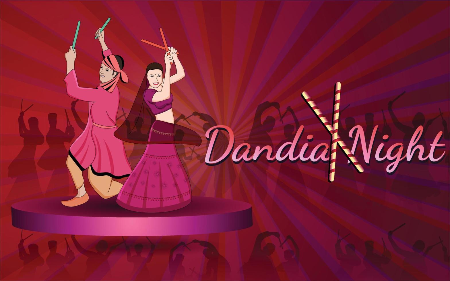 happy navratri - dandia, pareja de garba, ilustración de personaje de dandia, banner de noche de dandia, banner de navratri, no completamente editable. vector