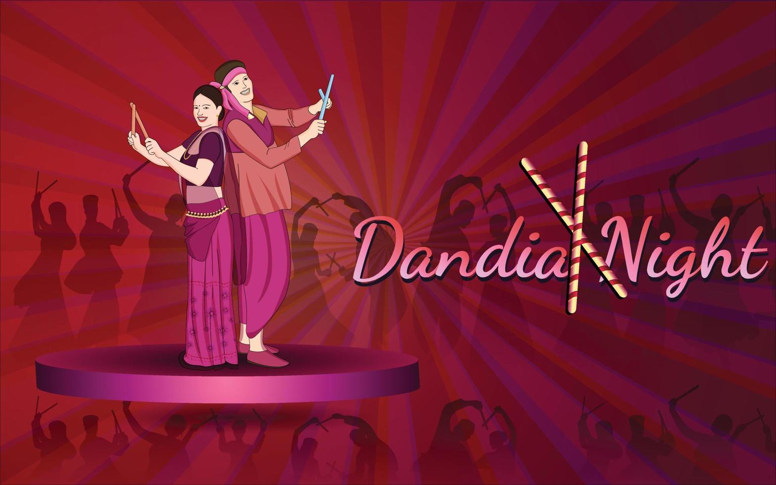 happy navratri - dandia, pareja de garba, ilustración de personaje de dandia, banner de noche de dandia, banner de navratri, no completamente editable. vector