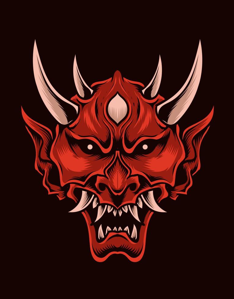 illustration scary oni mask red color vector