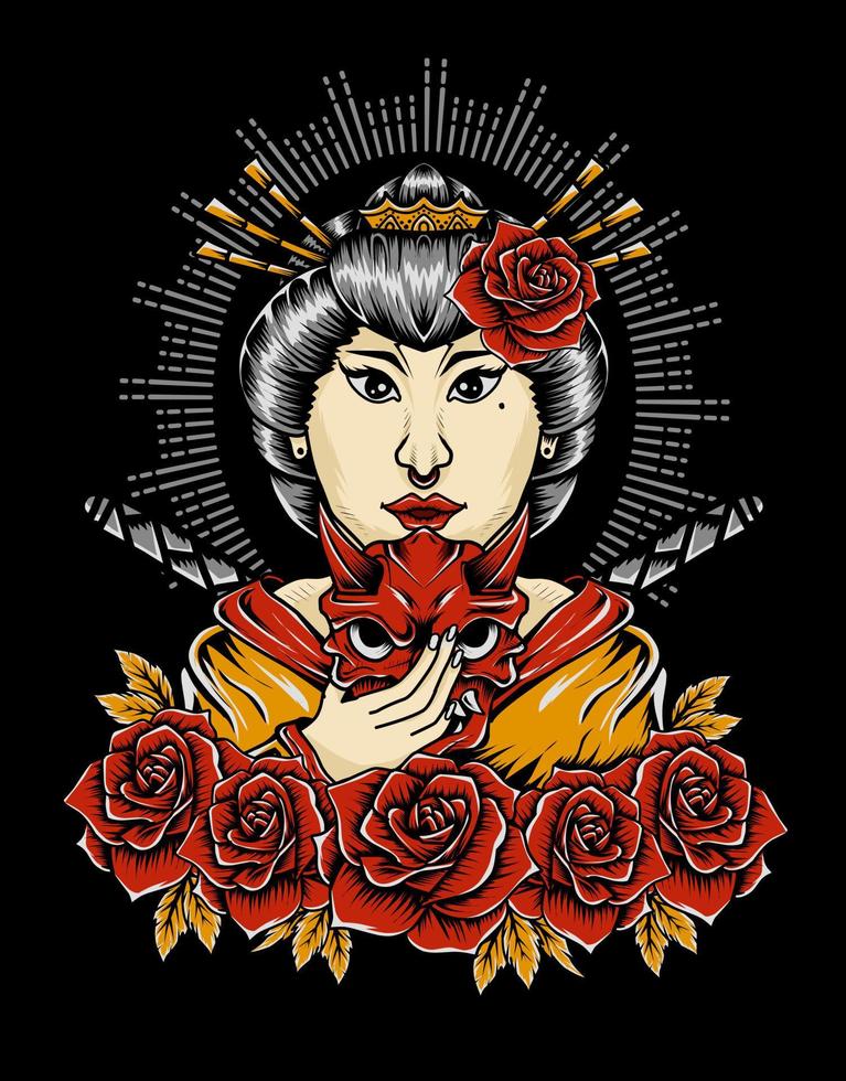 Ilustración mujer geisha con flor rosa vector