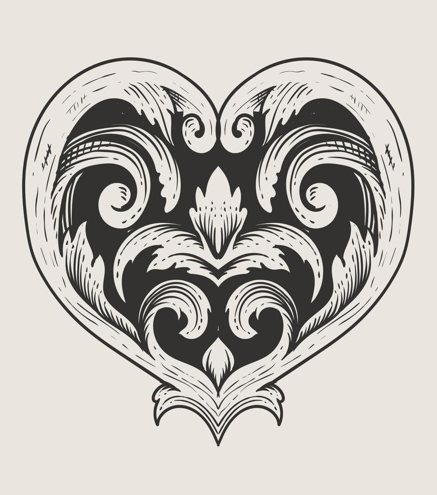 love heart with engraving ornament style vector