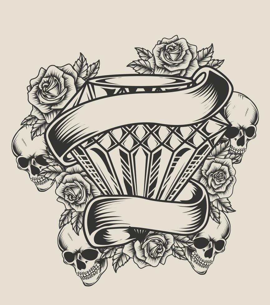 illustration diamond skull rose monochrome style vector