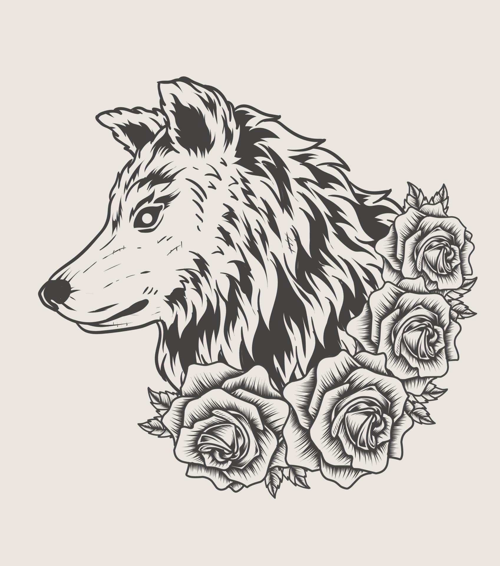 illustration wolf head with rose flower monochrome style 3559597 Vector ...