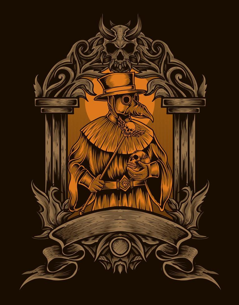 illustration plague doctor with vintage ornament vector