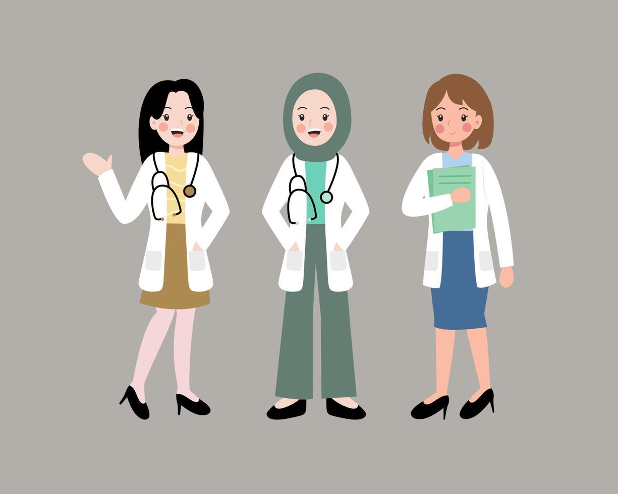 cute woman doctors illustration wearing white coat vector