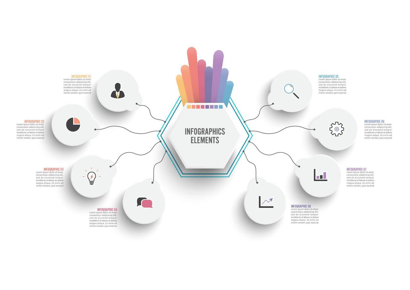 Vector infographic template with 3D paper label, integrated circles. Business concept with 8 options. For content, diagram, flowchart, steps, parts, timeline infographics, workflow.