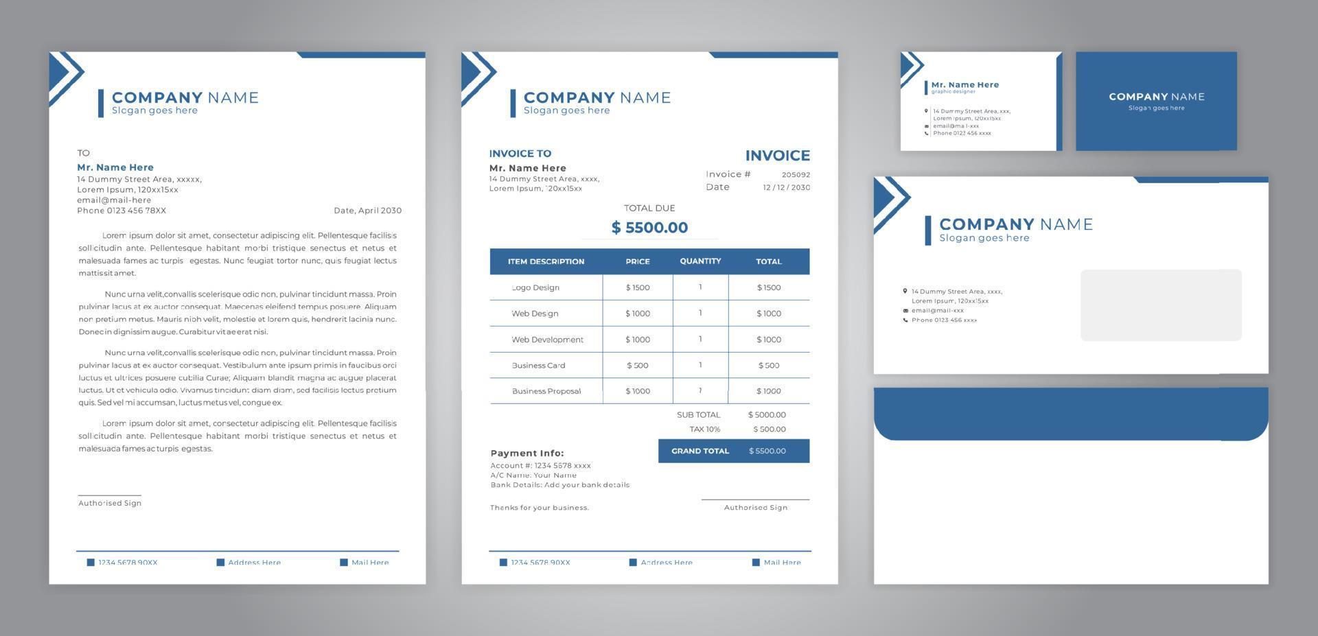 Set of Invoice, letterhead, card and envelope vector