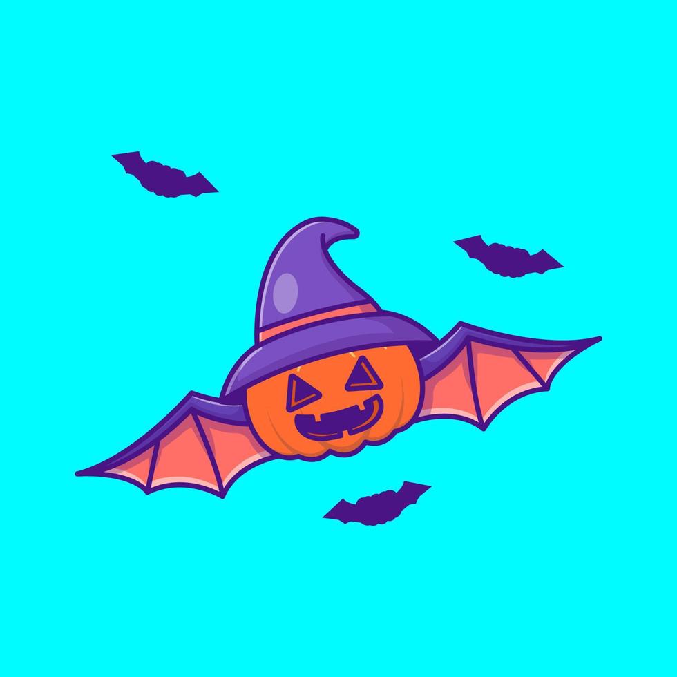 Cute Pumpkin Bat with hat witch happy halloween cartoon illustrations vector