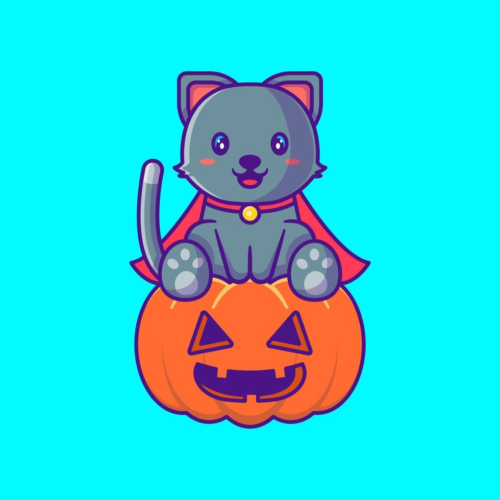 Cute black cat with pumpkin happy halloween cartoon illustrations vector