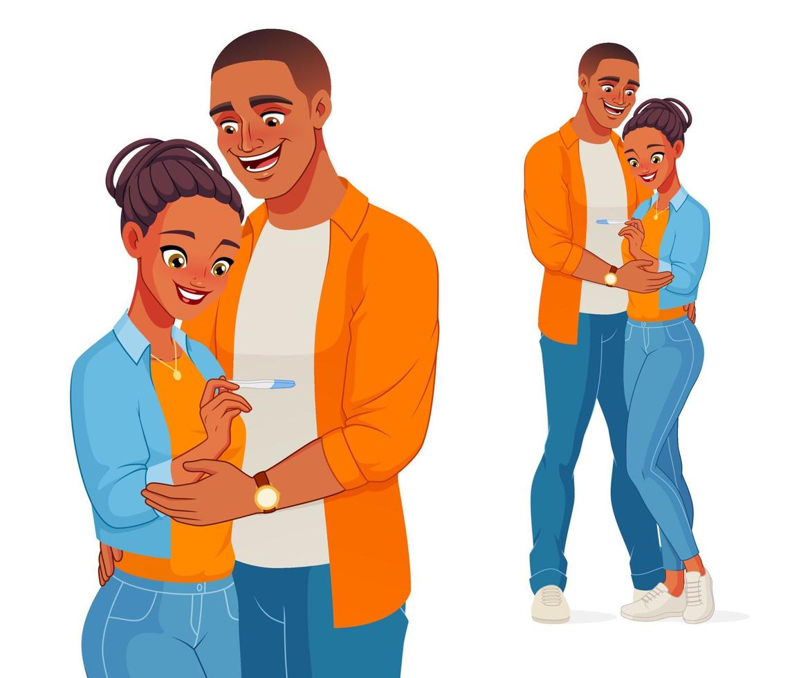 Feliz pareja afroamericana embarazada con prueba de embarazo vector