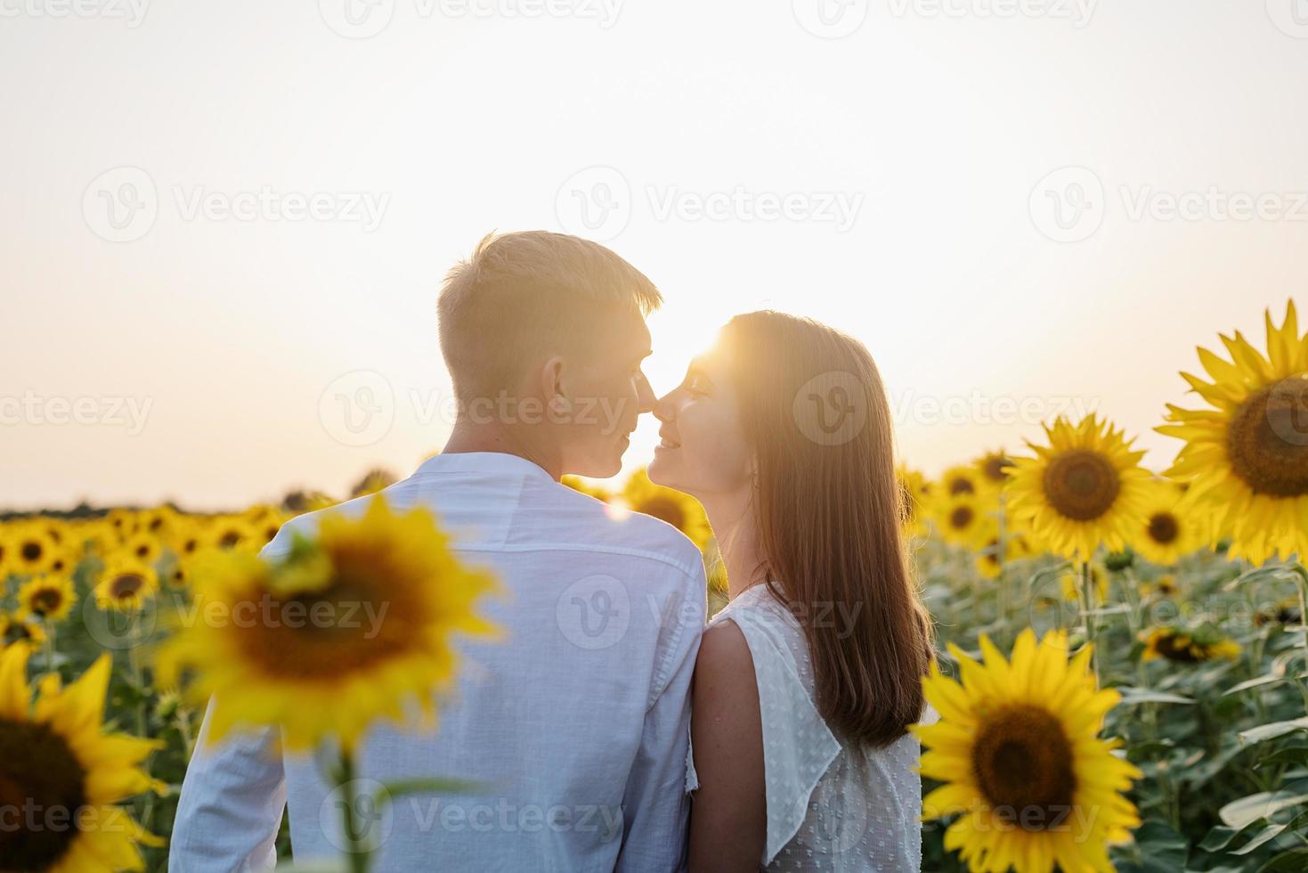 Hermosa pareja caminando juntos en campos de girasoles al atardecer foto