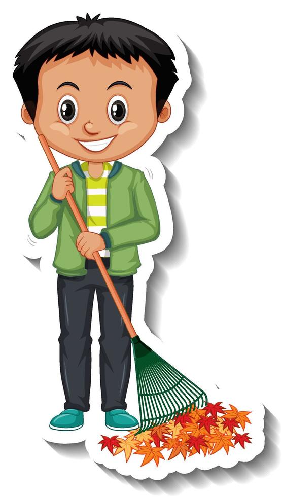 A boy holding broom cartoon character sticker vector