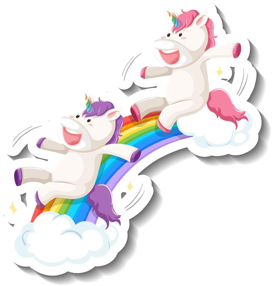 Cute unicorns slide on rainbow cartoon sticker vector