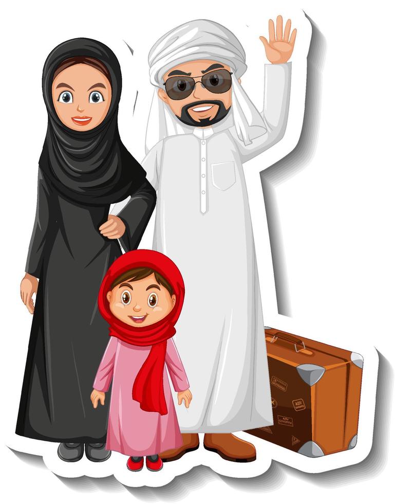 Feliz familia árabe pegatina de personaje de dibujos animados sobre fondo blanco. vector