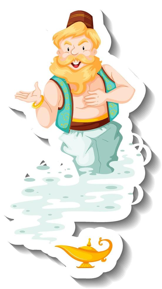 Genie coming out of magic lamp cartoon character sticker vector