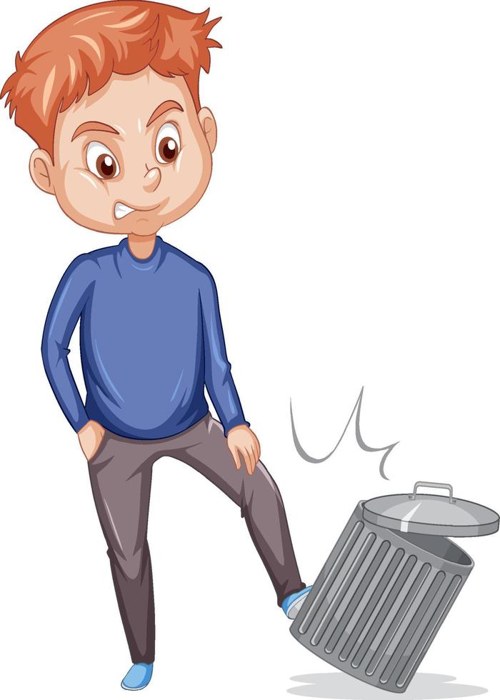 A man kicks trash can on white background vector