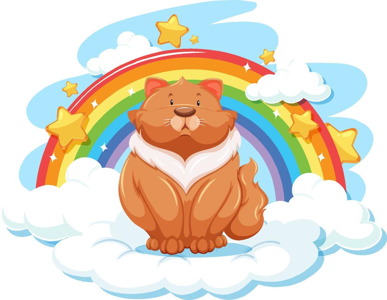 Chubby cat on the cloud with rainbow vector