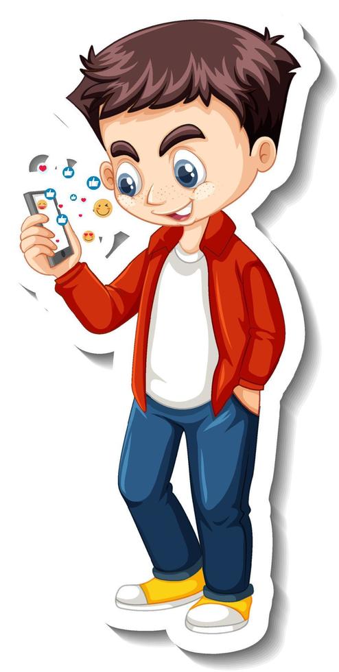 A boy using smart phone cartoon character sticker vector