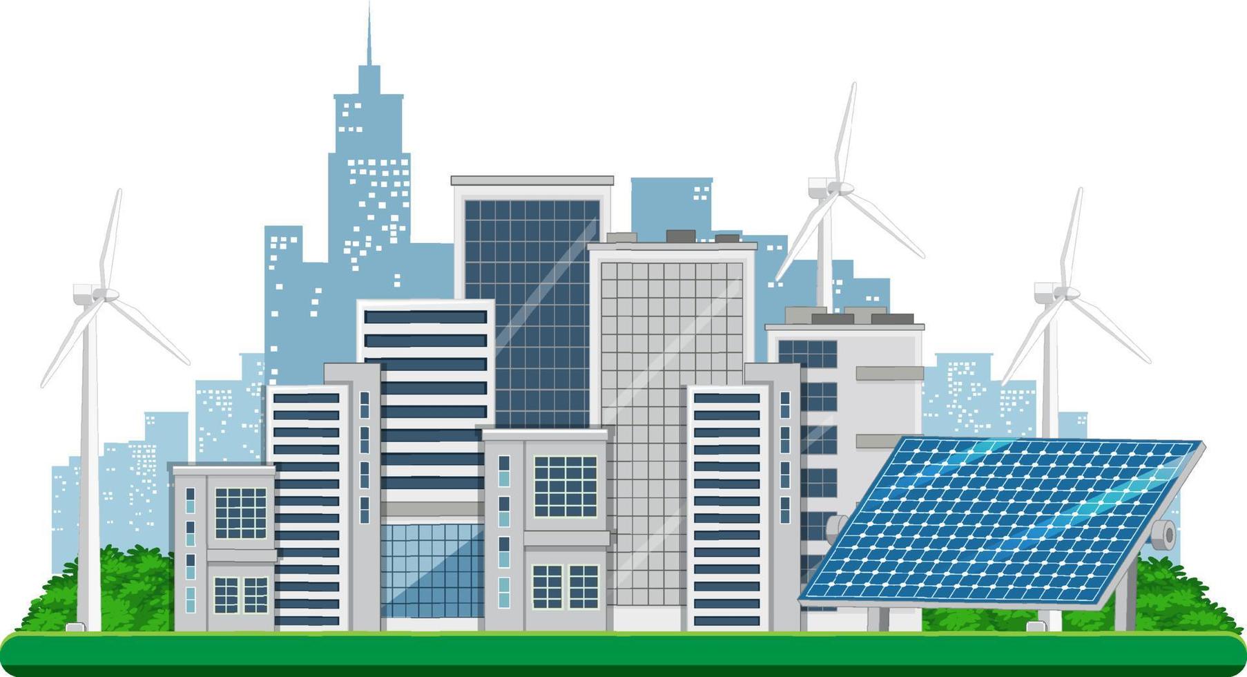 Energía verde generada por turbinas eólicas y paneles solares. vector