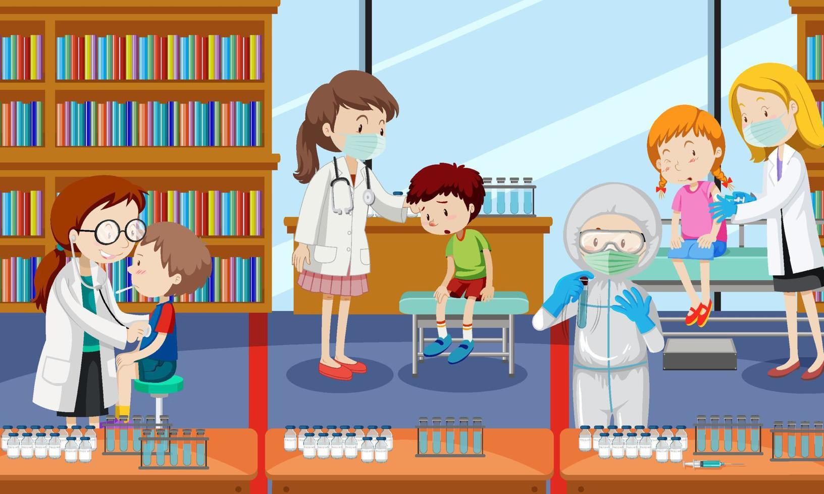 Scene with many kids get covid-19 vaccine and many doctors cartoon character vector