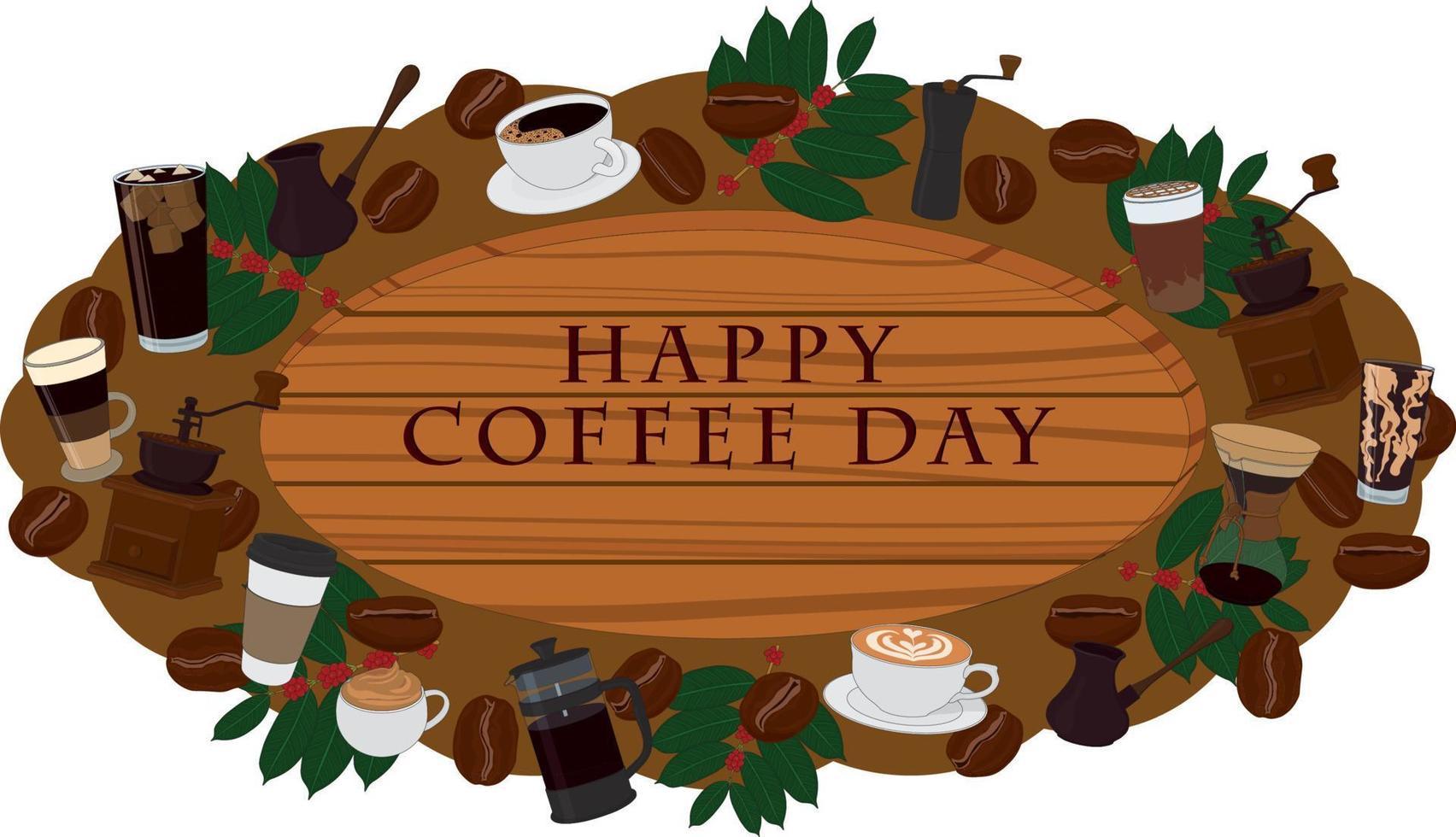 Feliz día del café letrero de madera decorado con vector de artículos de café