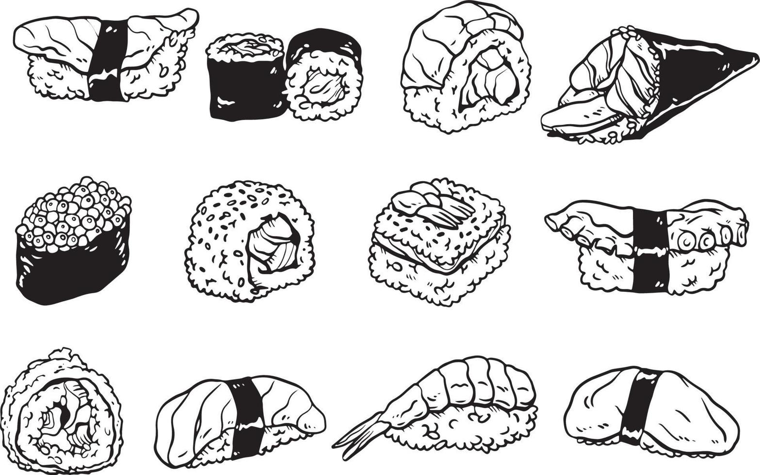 Collecton of handrawn sushi doodles vector